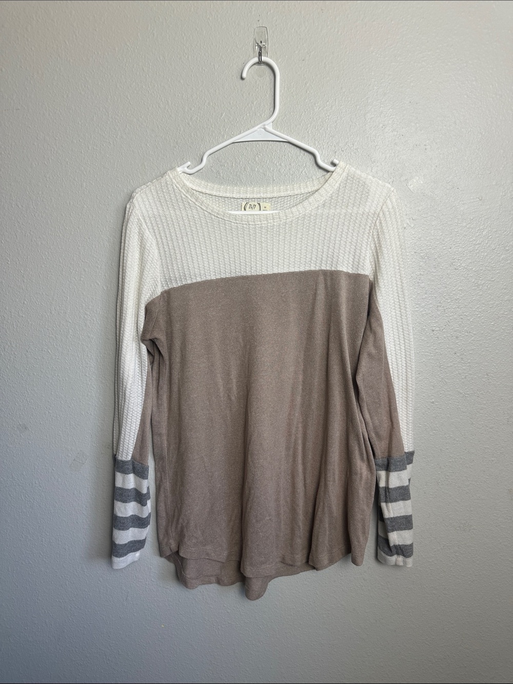 Maurices Cream and Taupe Waffle Knit Long Sleeve Top